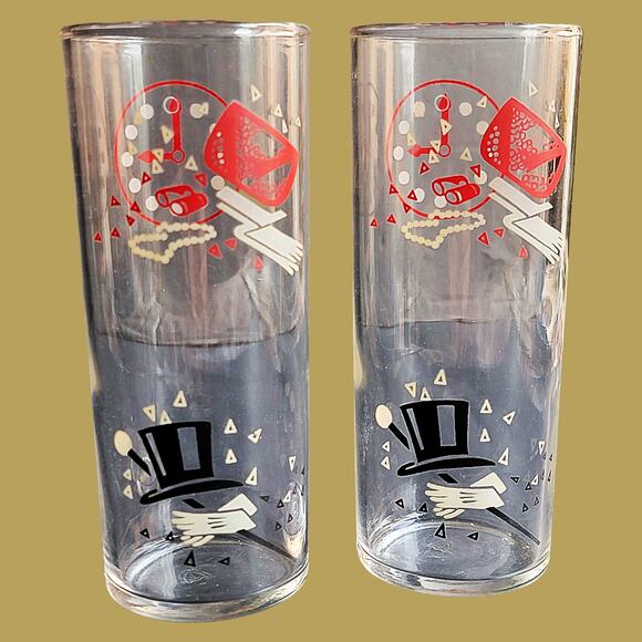 Vintage MCM 1960s Federal Glass "Party Time" High Ball Glasses, Set of Two - Picture 2 of 5
